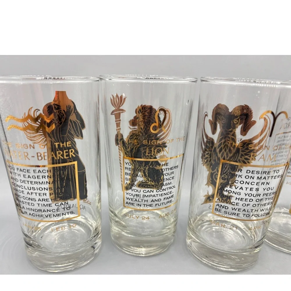 Vtg Set of 5 Gold‎ Zodiac Astrology Glasses Tumblers Barware 22 kt gold